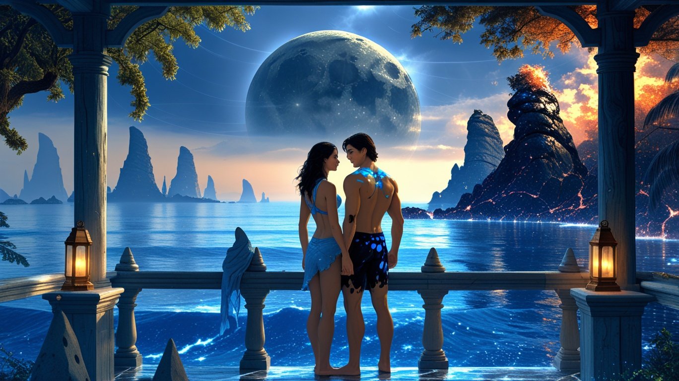 Two figures on a wooden veranda over a luminous ocean, the sister planet rising behind them